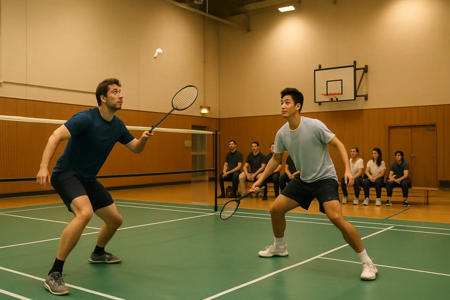 University employees playing badminton on an indoor court during a staff tournament