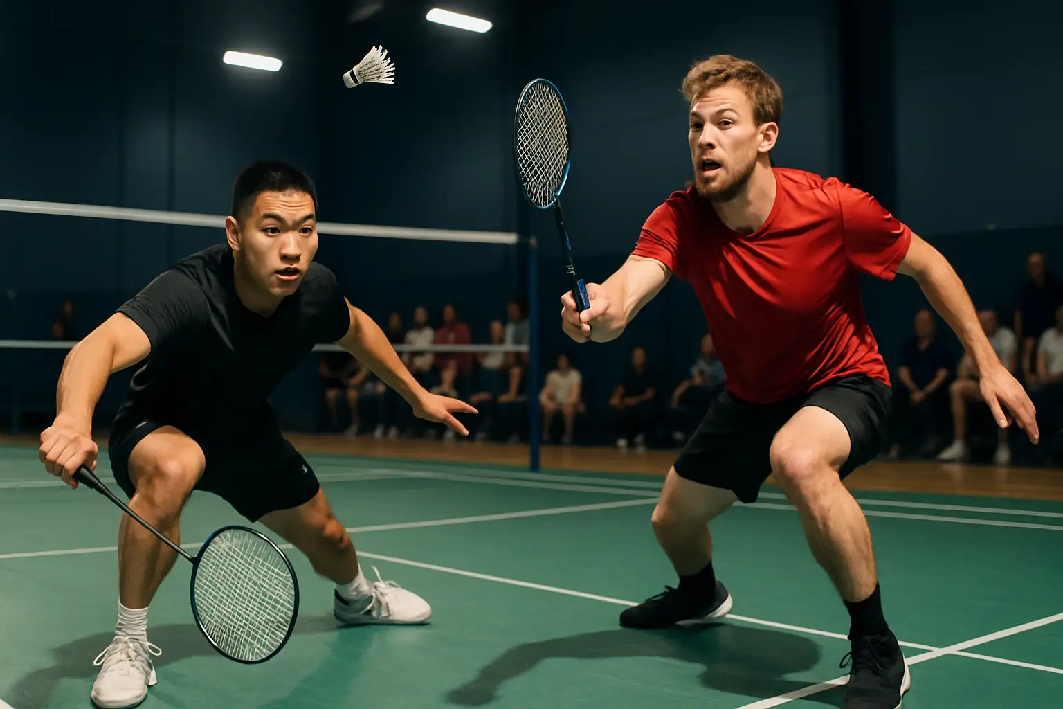 Badminton players competing in an indoor university tournament