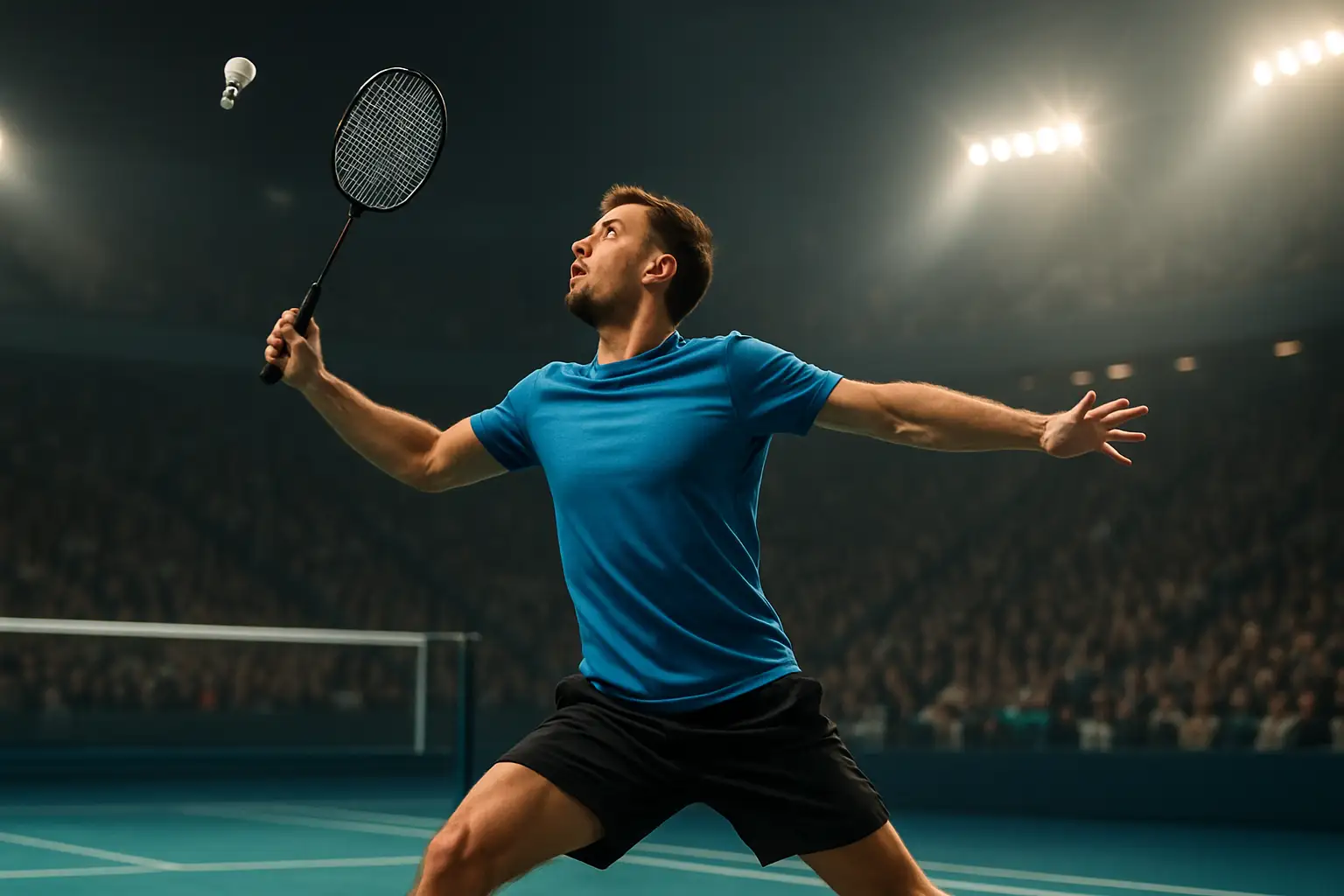 A male badminton player mid-smash on an indoor court with a packed crowd in the background