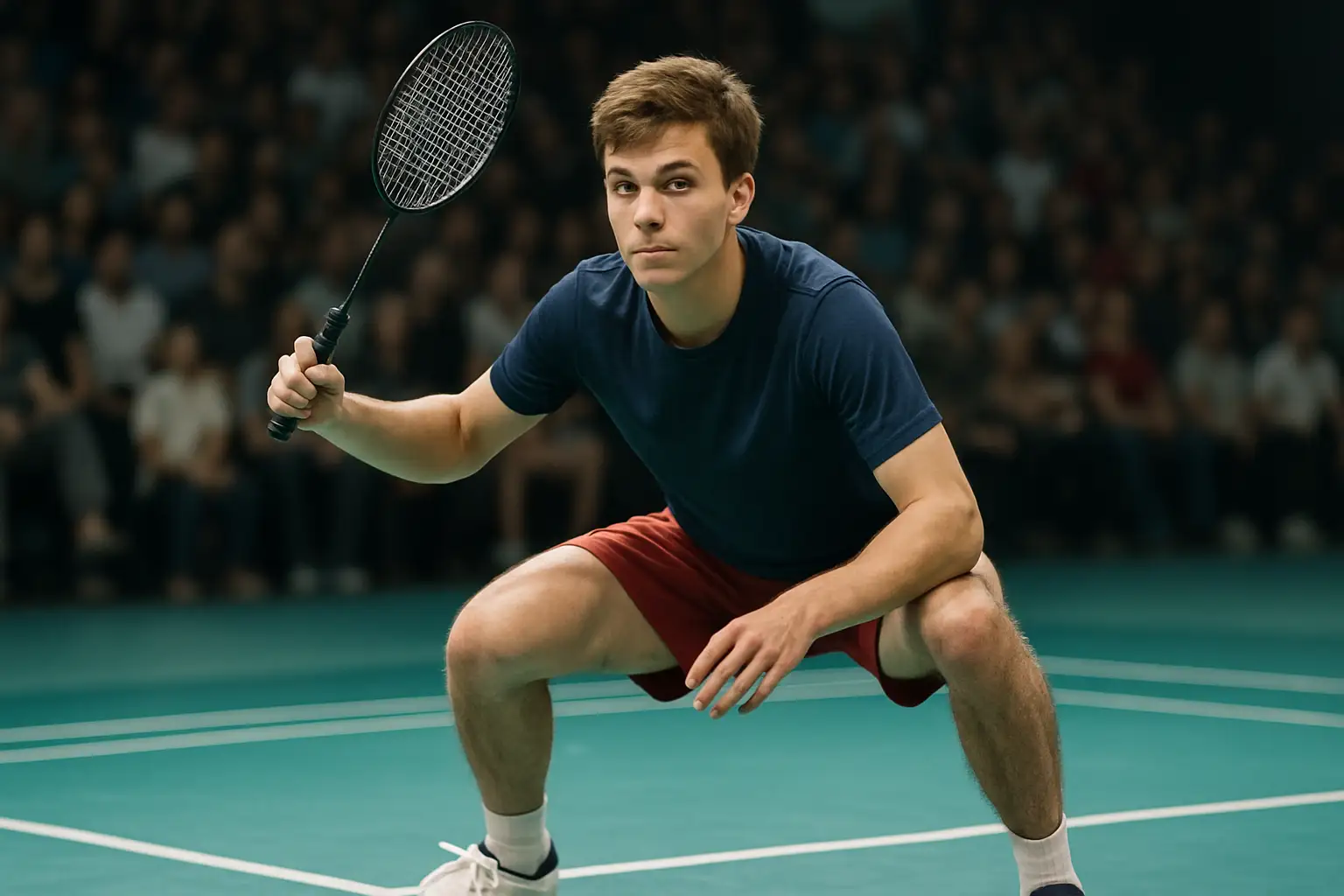 A badminton player preparing to serve on an indoor court under bright stadium lights