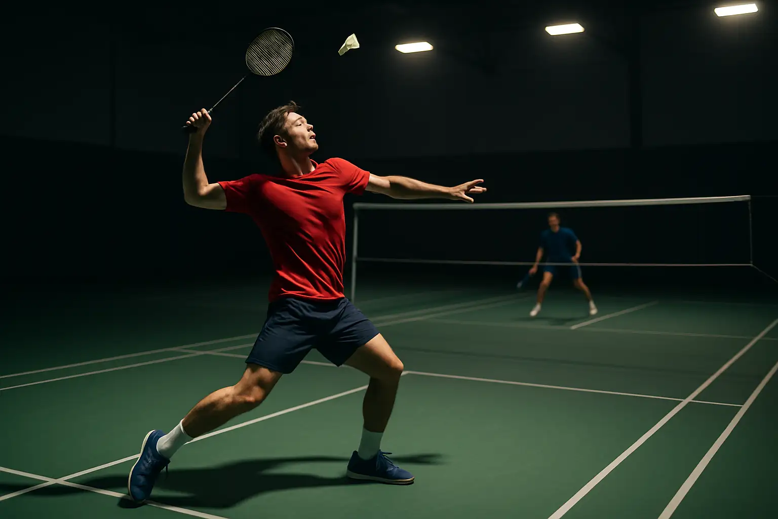 A badminton player mid-smash on an indoor court under bright stadium lights