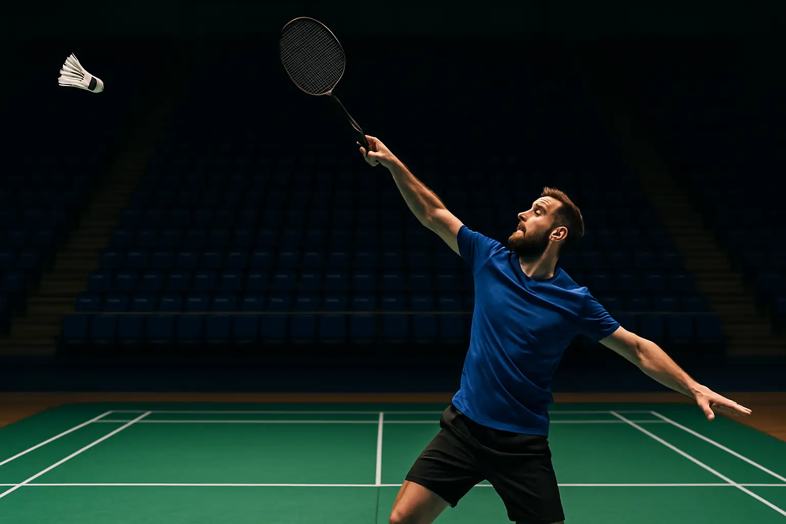 A badminton player in mid-smash on an indoor court with stadium lighting overhead