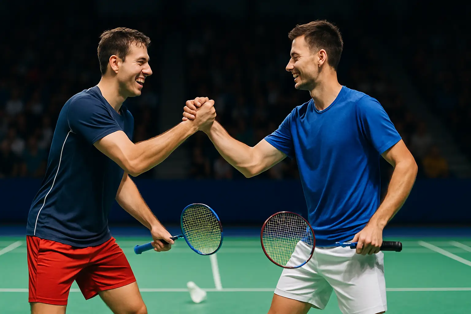Two male badminton players celebrating a doubles victory on an indoor court