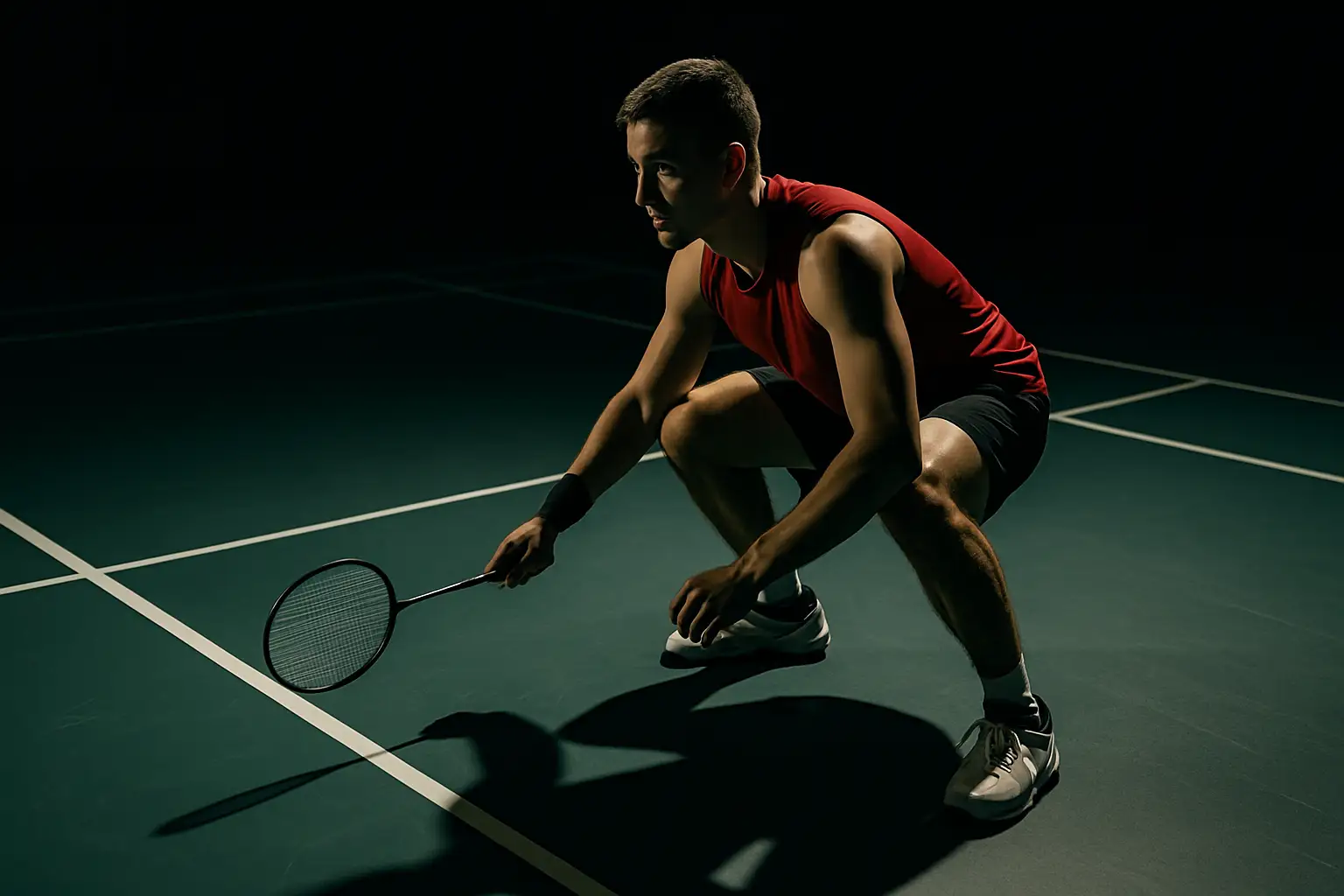 A badminton player preparing to serve on an indoor court under bright arena lighting