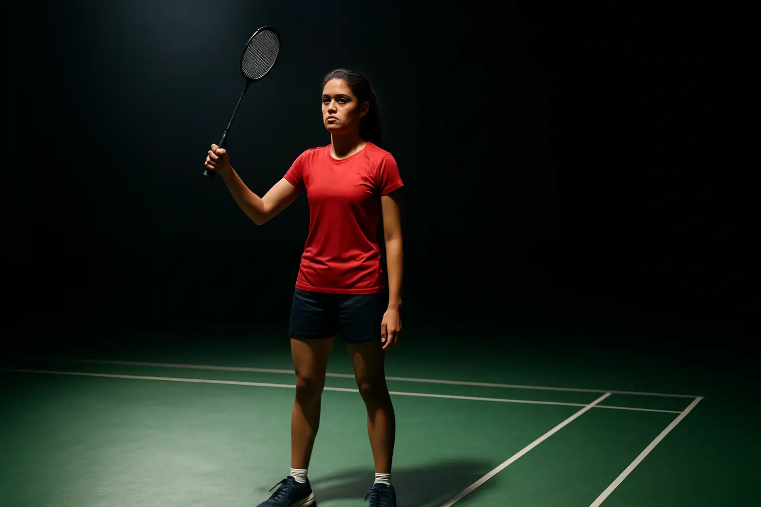 Indian female badminton player preparing to serve on an indoor court with stadium lighting overhead