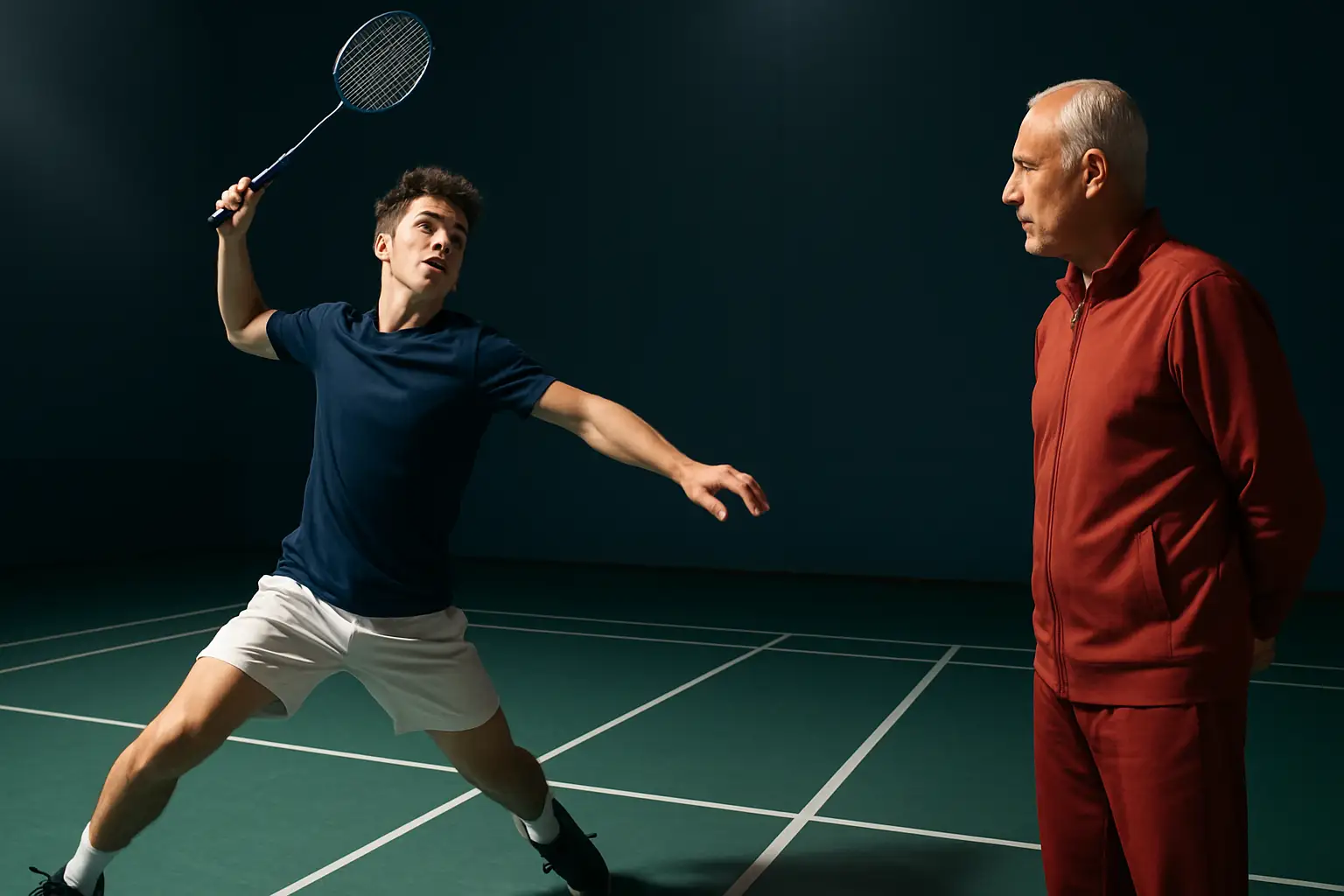 Young badminton player practicing on an indoor court under bright lights