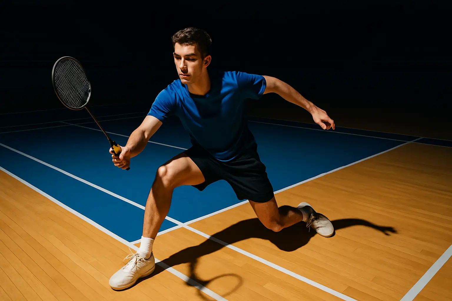 A young male badminton player practicing smashes on an indoor court with Penang-themed colors in the background