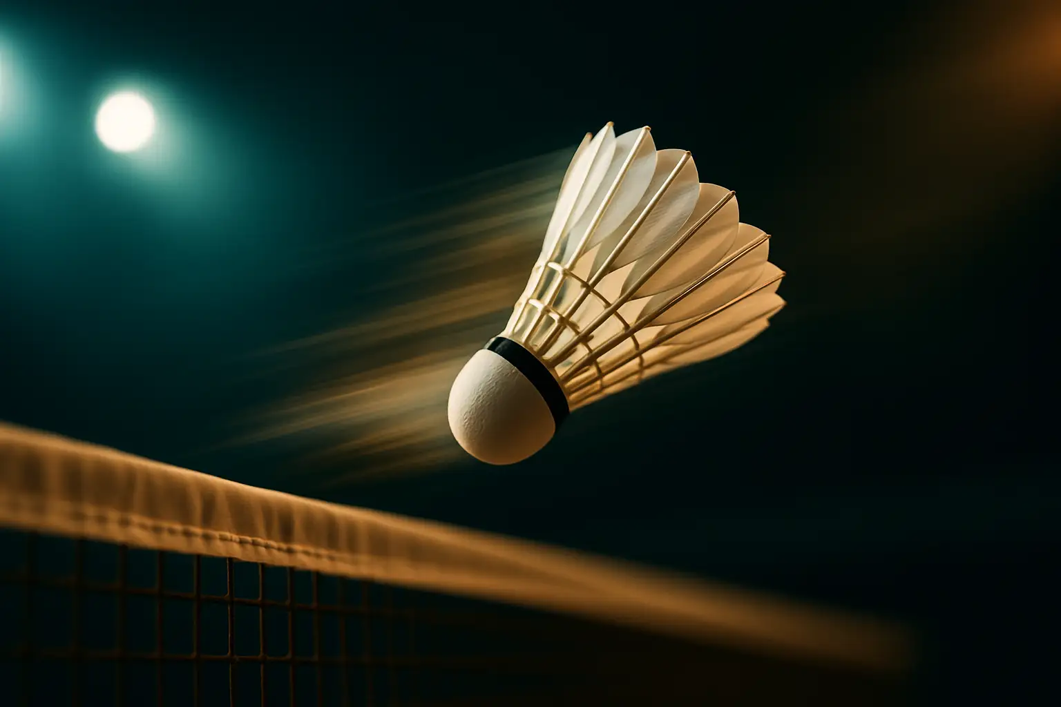 A badminton player executing a sharp net shot during a fast doubles rally