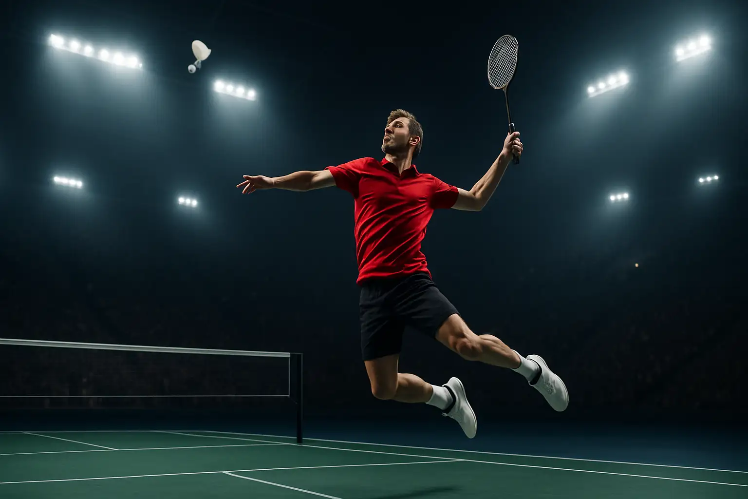 Badminton player mid-smash on an indoor court under bright arena lighting during a major tournament
