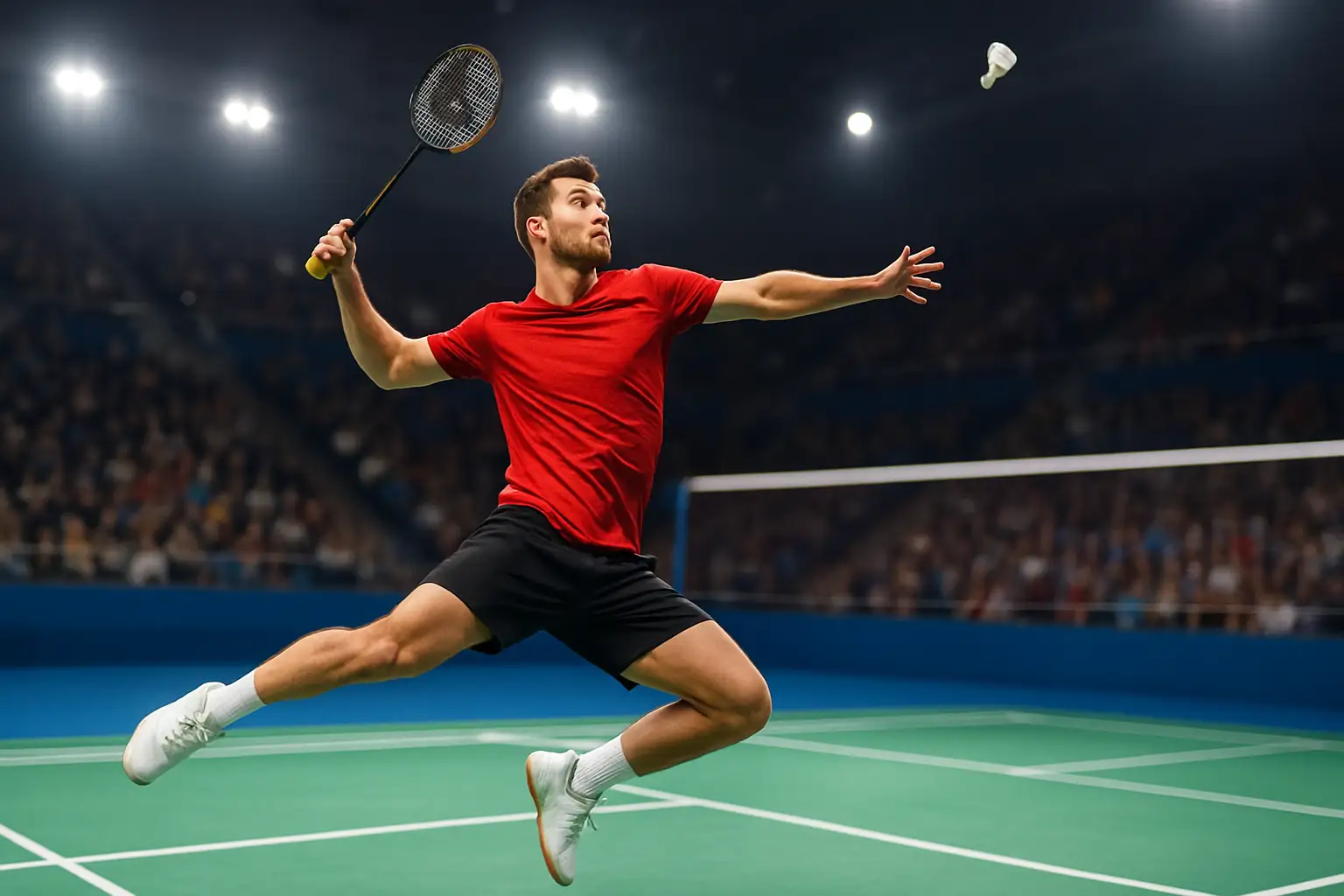 A badminton player mid-smash on an indoor court during a tournament match