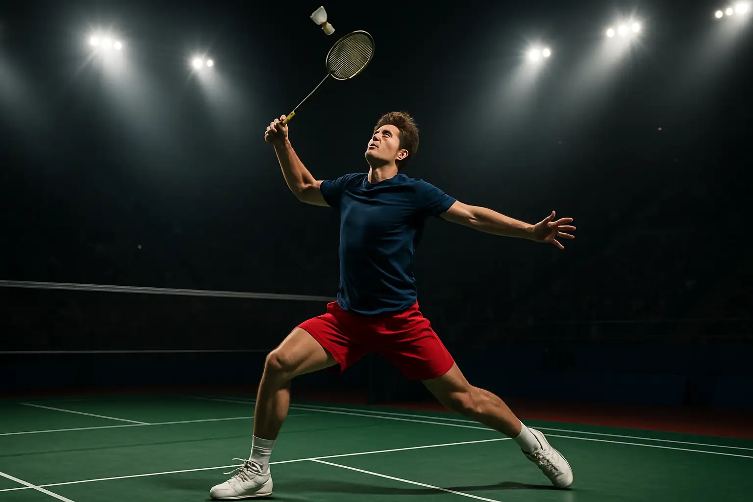 A badminton player mid-smash on an indoor court under bright tournament lighting