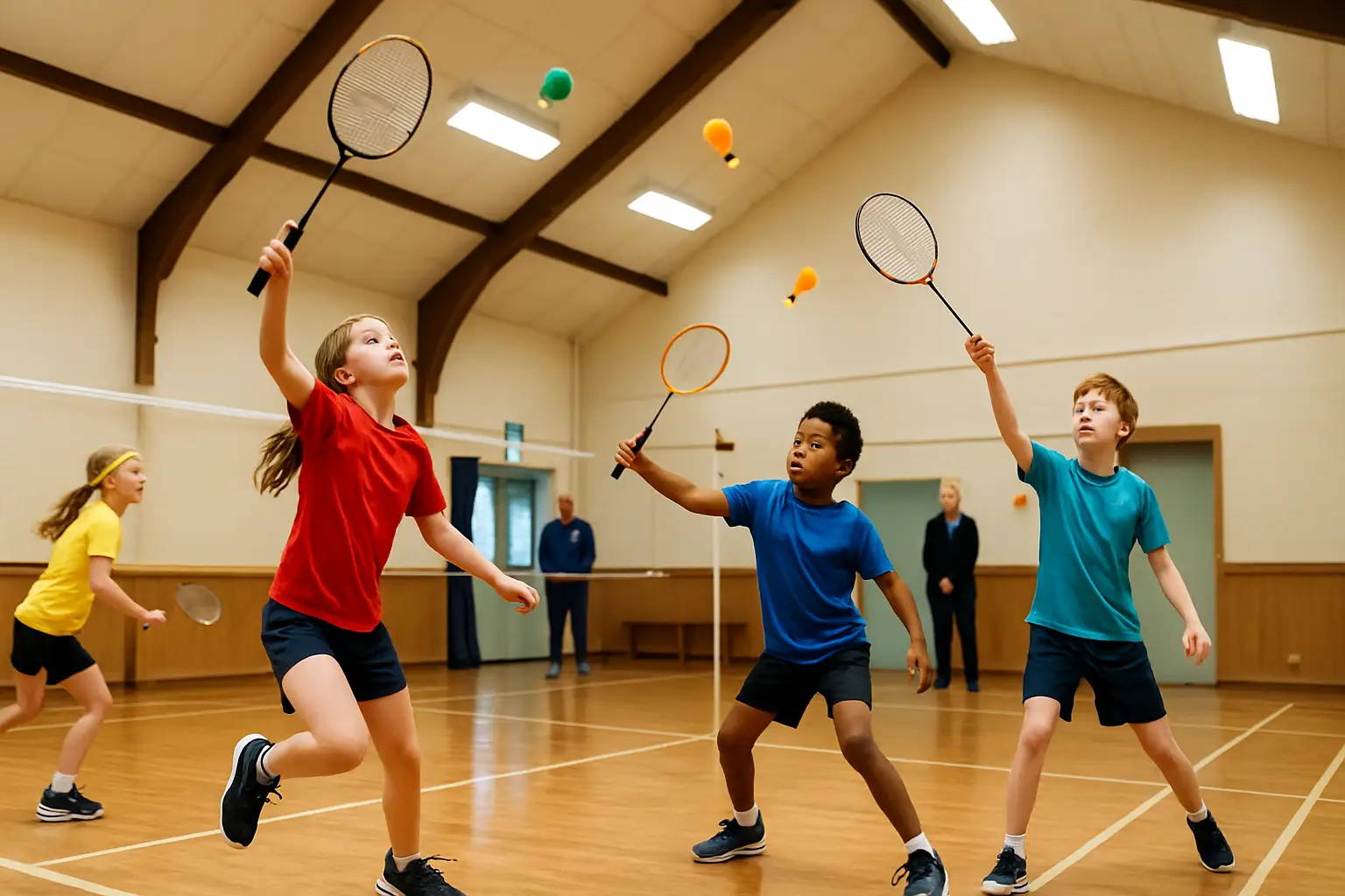 Young children playing badminton indoors at a regional community club