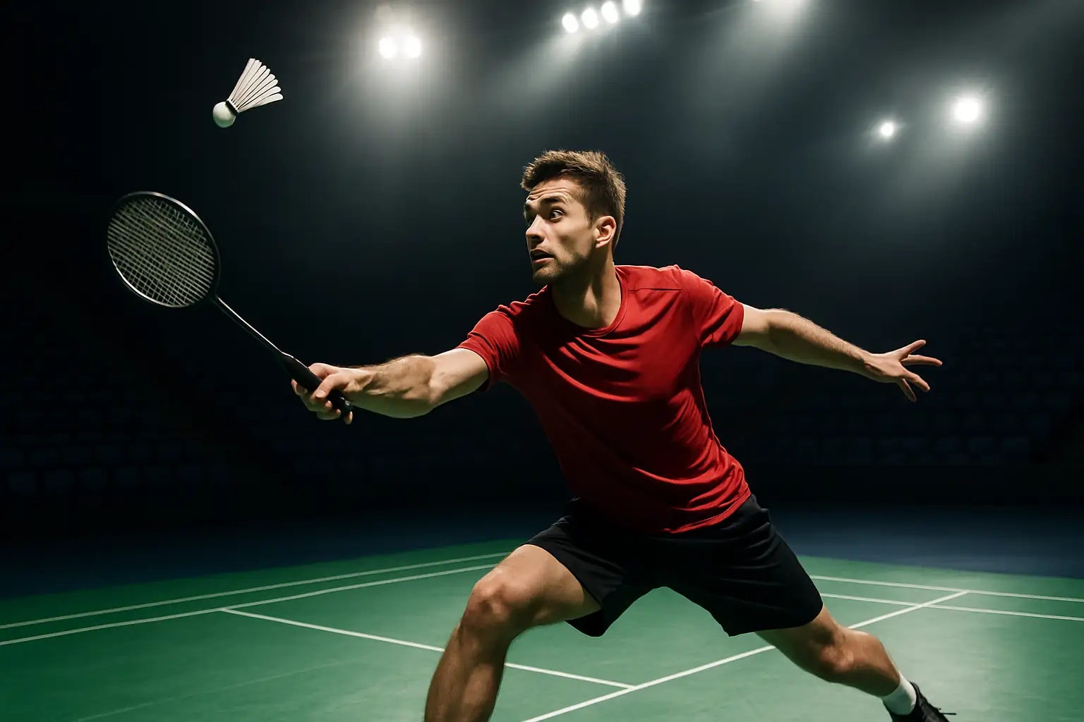 A badminton player in action on an indoor court during an international tournament