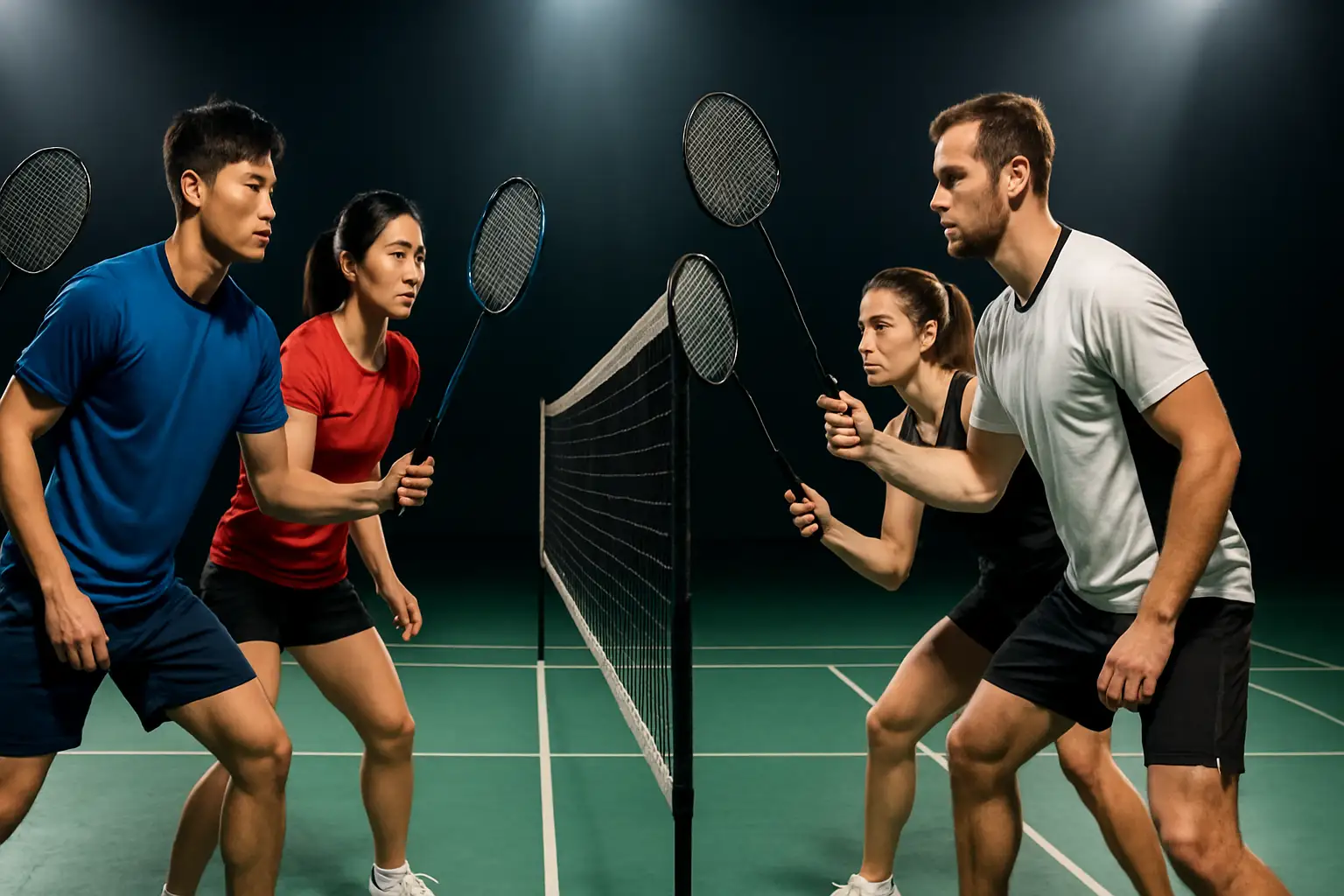 Two mixed doubles badminton pairs facing off across a net on an indoor court with bright arena lighting