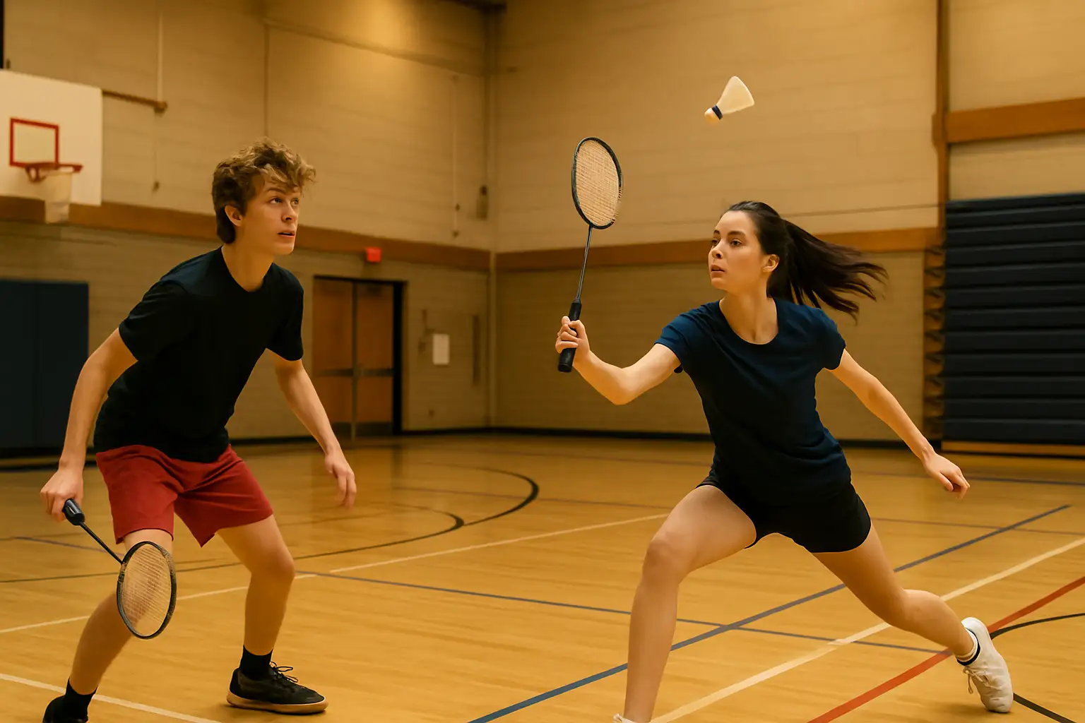 Young badminton players competing in a school-level indoor tournament in Northeast India