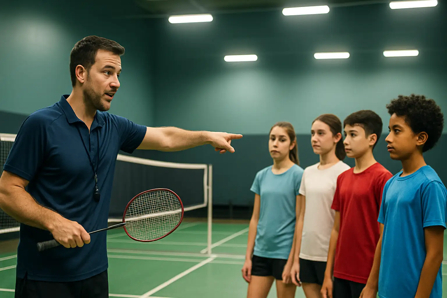 A badminton coach holding a racket and speaking with young players on an indoor court