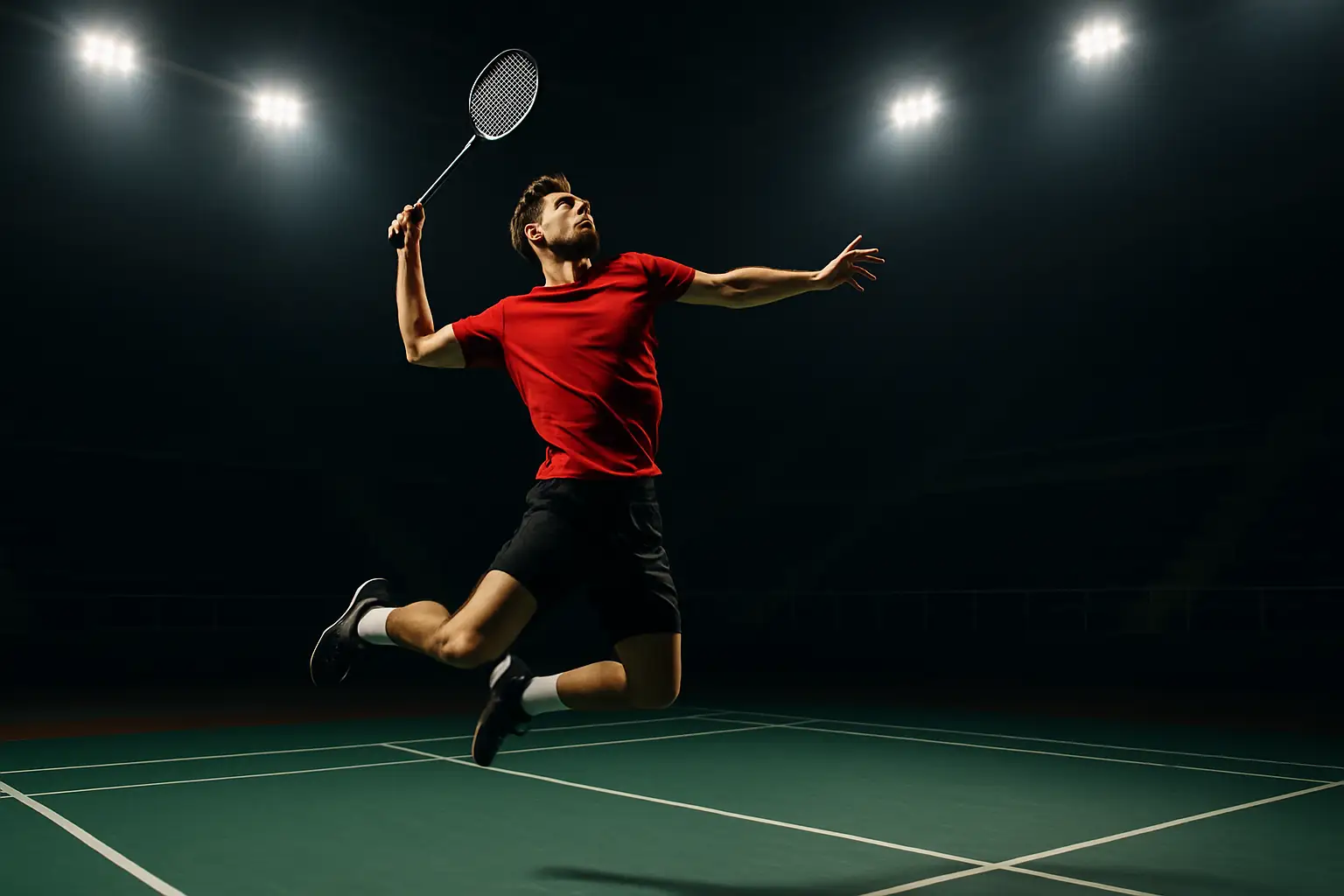 A badminton player mid-smash on an indoor court under bright stadium lights