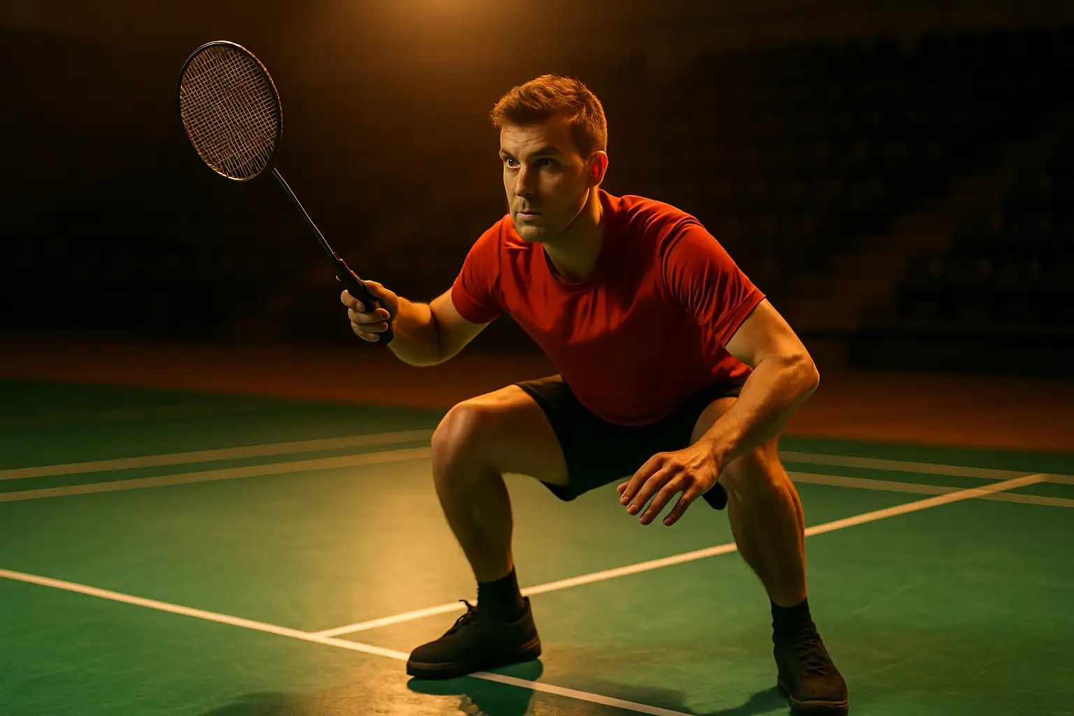 Indian badminton player preparing to serve on an indoor court
