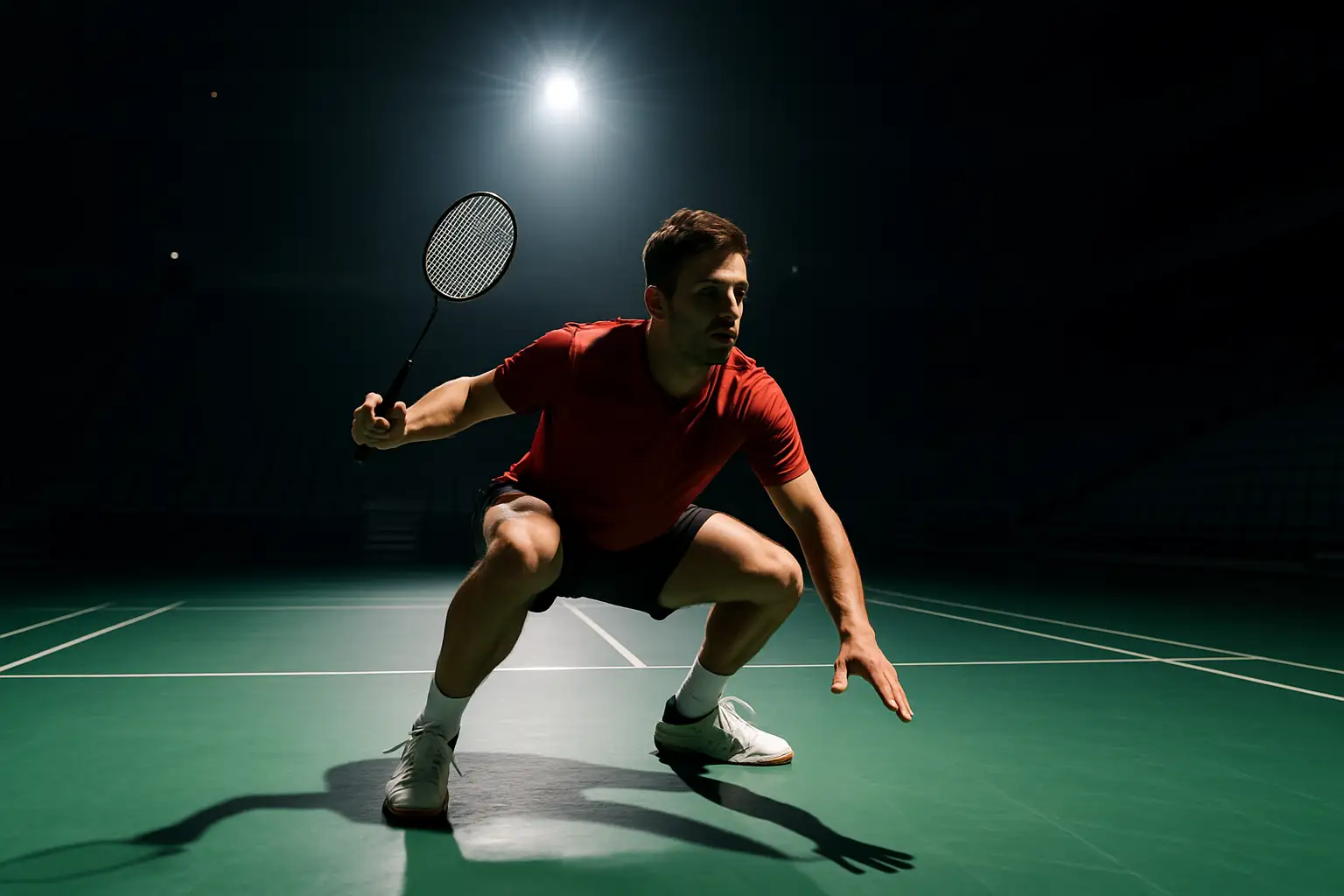 A badminton player in a competitive stance on a well-lit indoor court during an international match