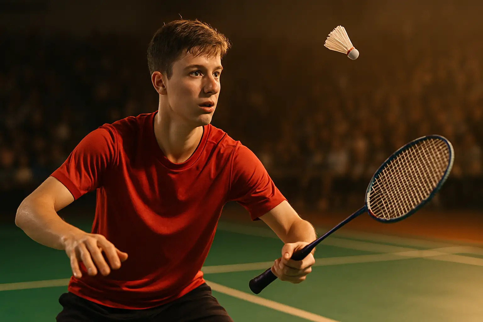 Thai badminton player in action on an indoor court, mid-swing with a racket