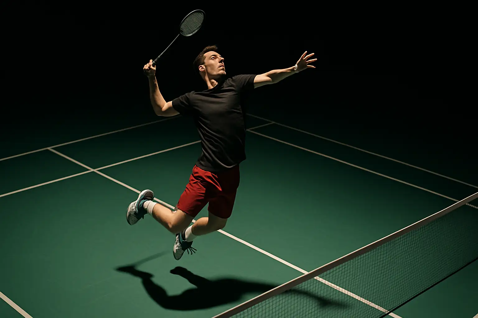 A badminton player leaping to smash a shuttlecock under bright arena lights during a tense singles match