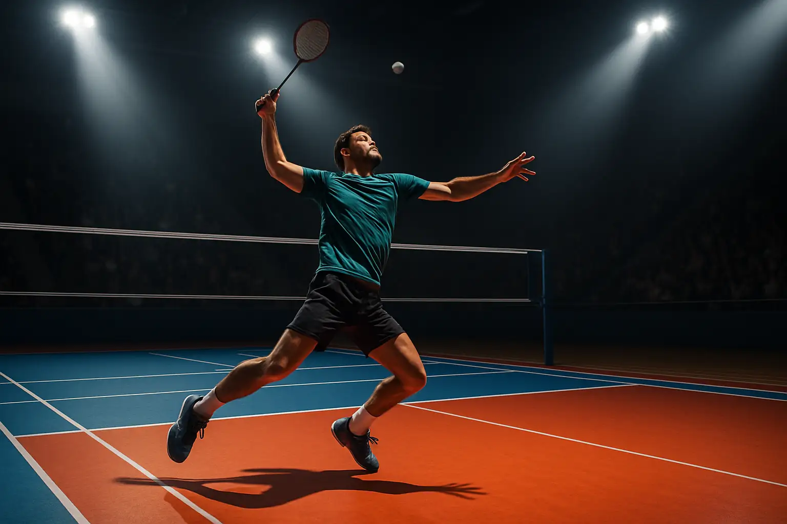 A badminton player mid-smash on an indoor court with stadium lighting and a blurred crowd in the background