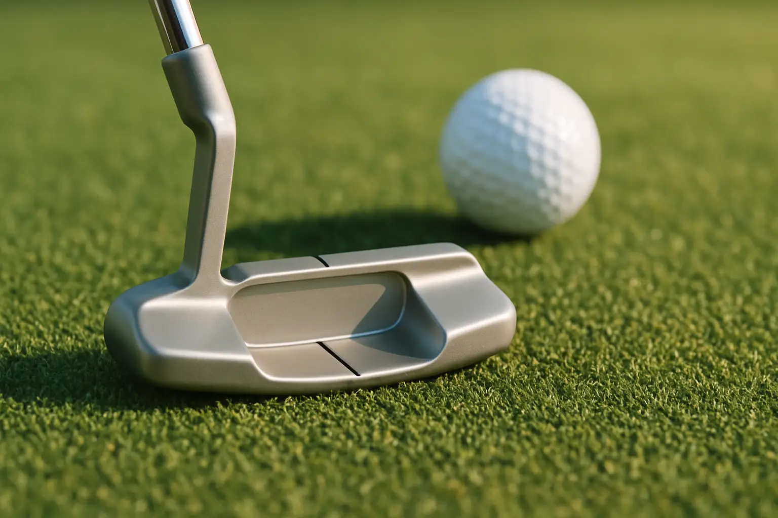 A modern golf putter resting on a green putting surface with a golf ball nearby