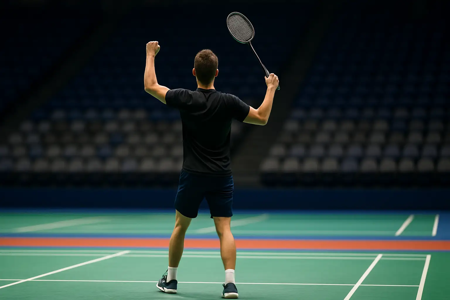 A badminton player celebrating a medal win on an indoor court with a packed crowd in the background