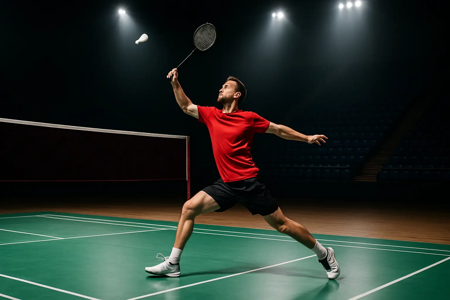 A badminton player mid-smash on an indoor court under bright stadium lights