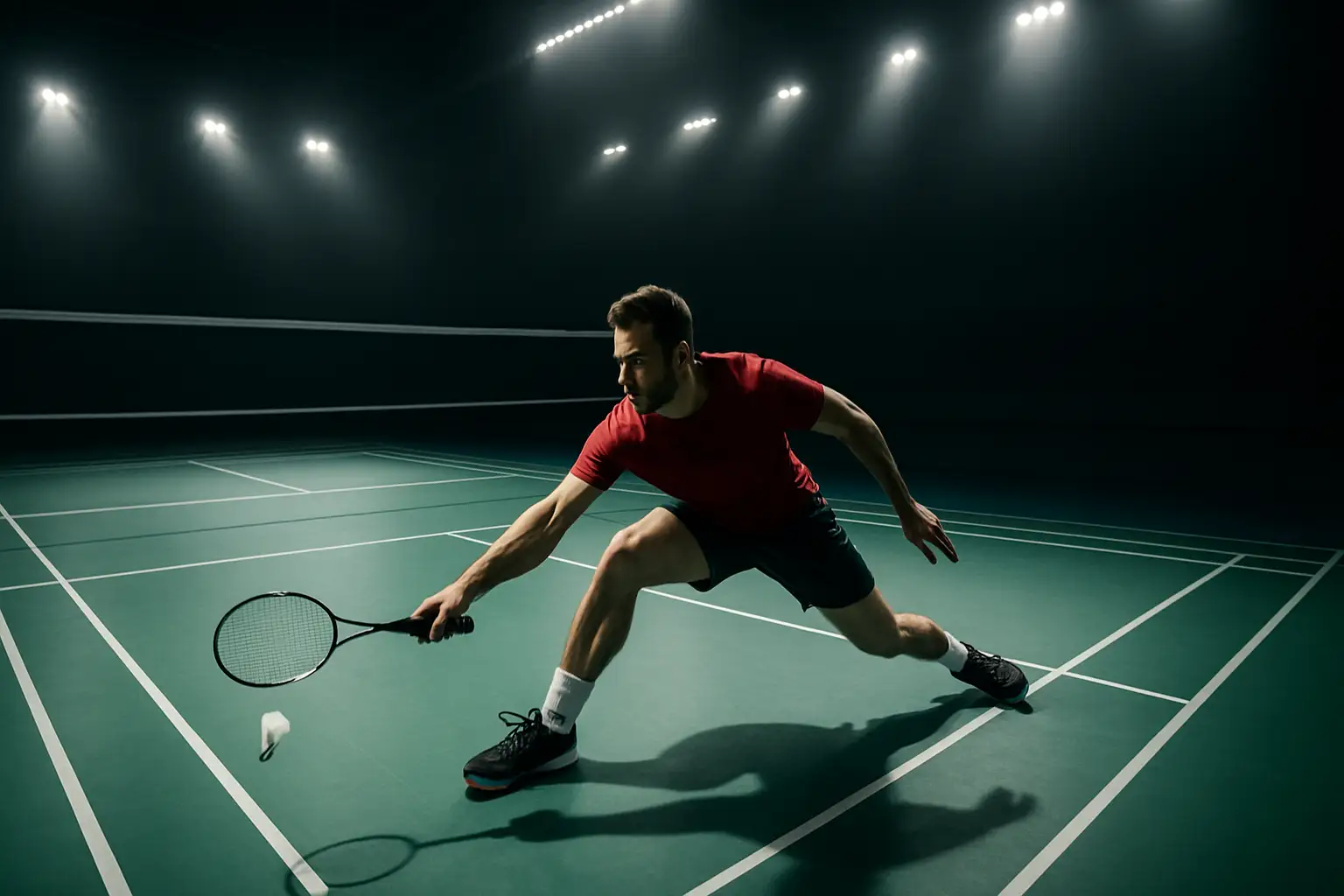 A badminton player lunging to return a shot on a championship court under bright arena lights