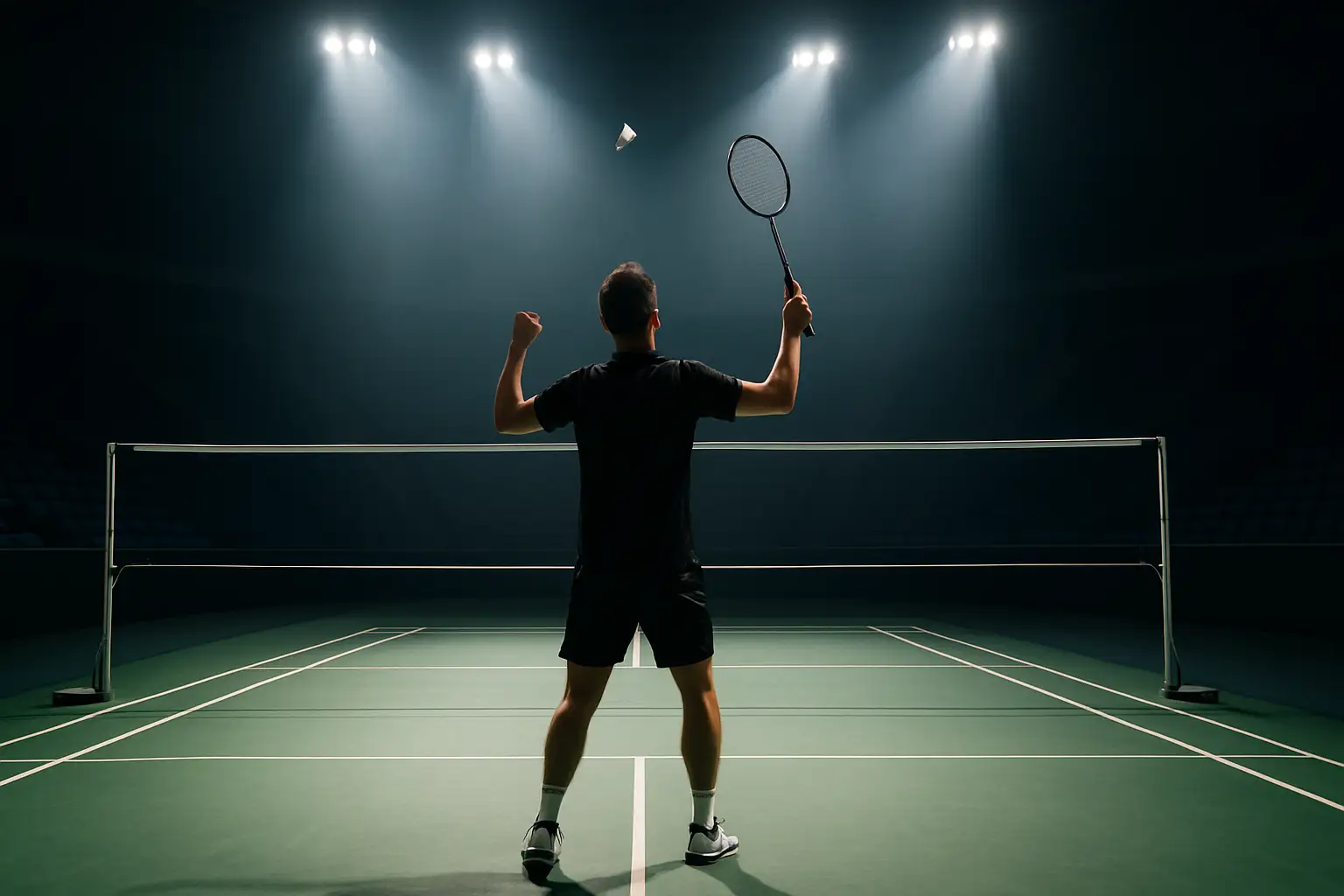 A badminton player celebrating a tournament victory on court, racket raised