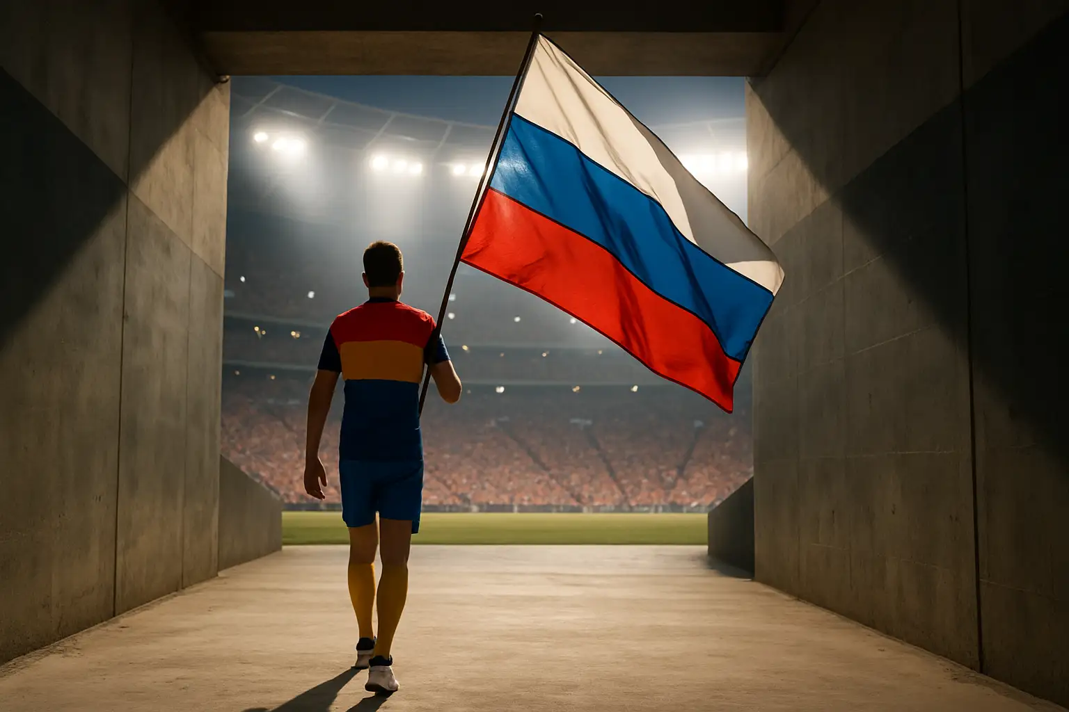 An athlete holding a national flag while walking into a large stadium during an opening ceremony
