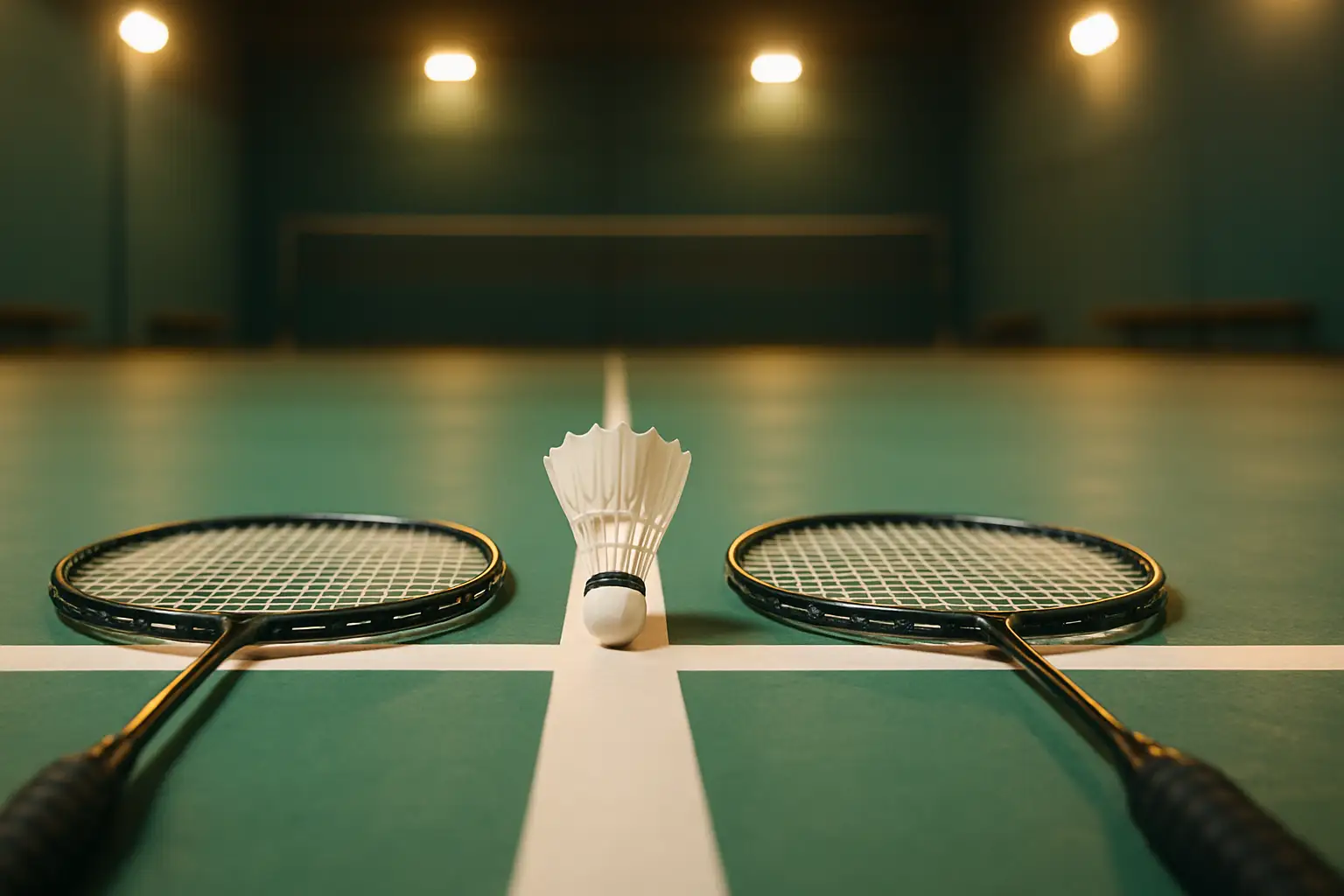 Two badminton rackets placed side by side on a court, symbolizing unity between former rivals