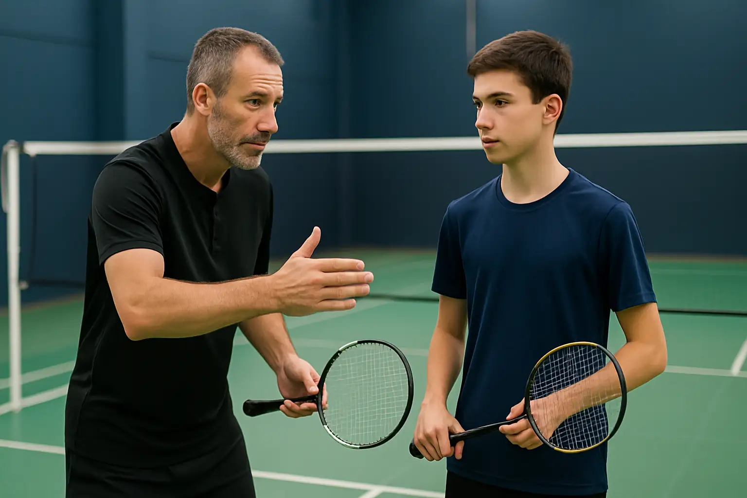 A badminton coach guiding a young teenage player on an indoor court