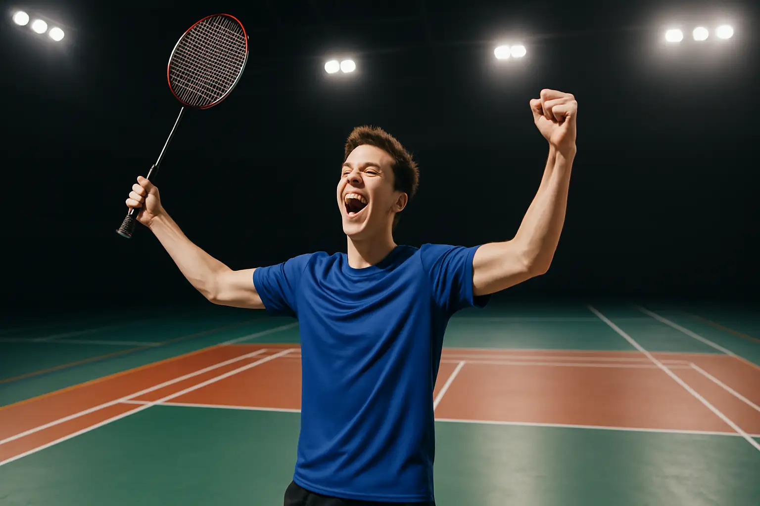 A young badminton player celebrating a victory on an indoor court with a racket raised