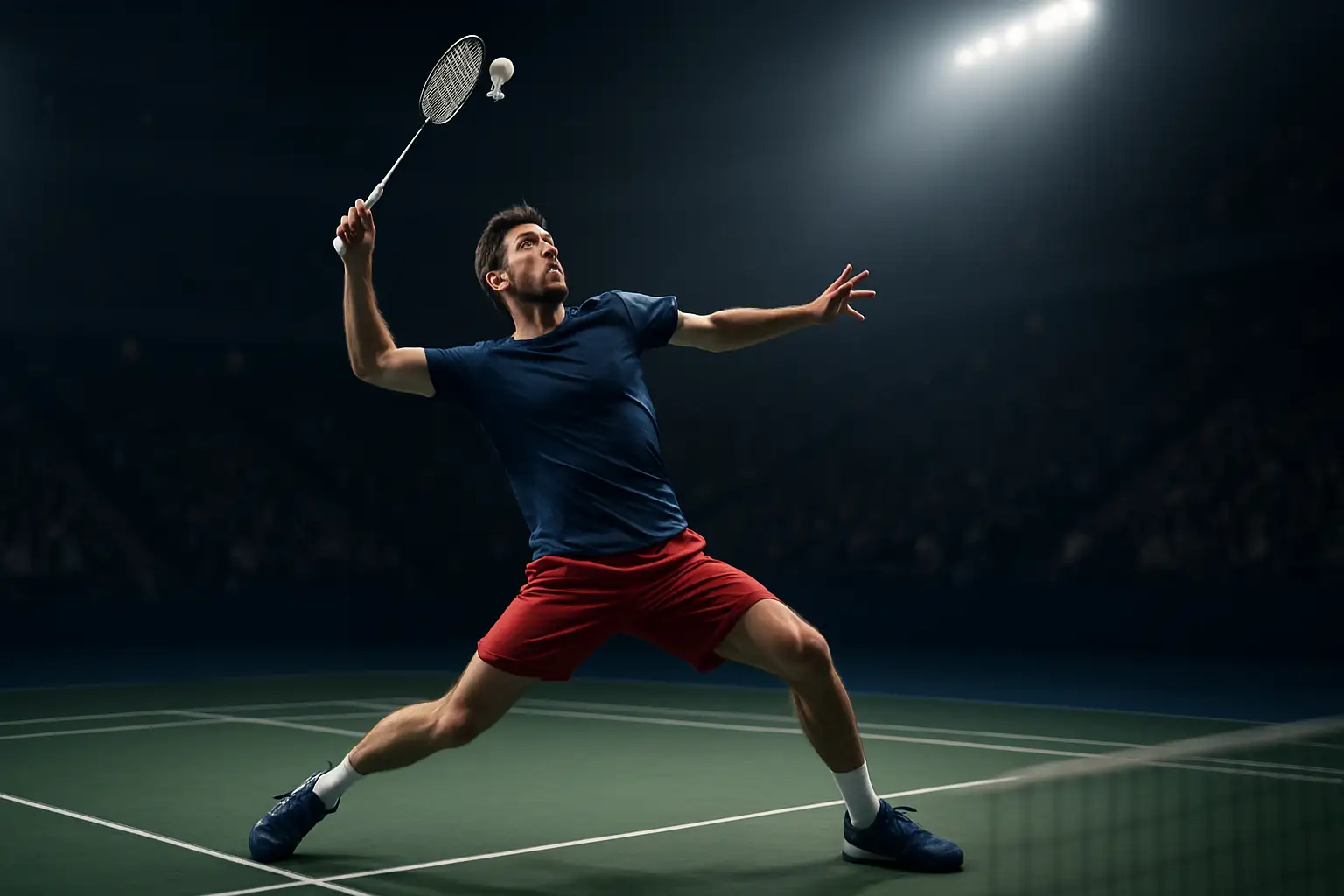 A badminton player mid-smash on an indoor court under bright arena lights