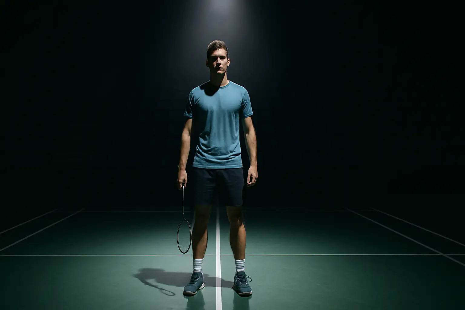 A badminton player standing alone on an empty court holding a racket, looking focused and determined
