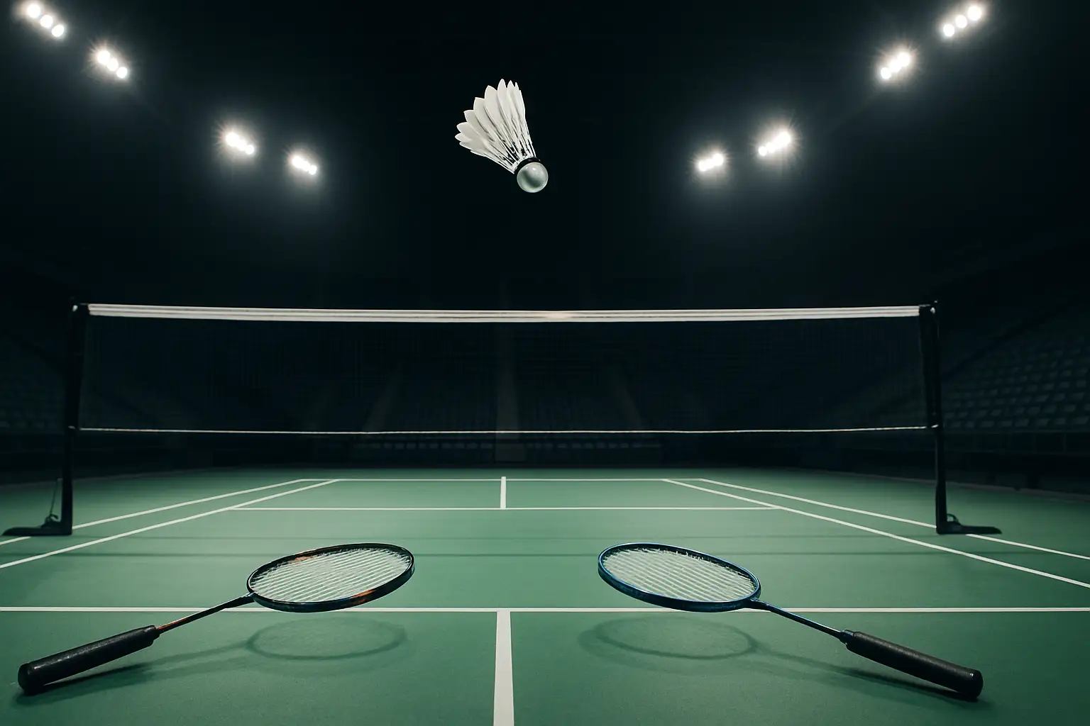 A badminton player mid-smash on an indoor court under bright arena lights