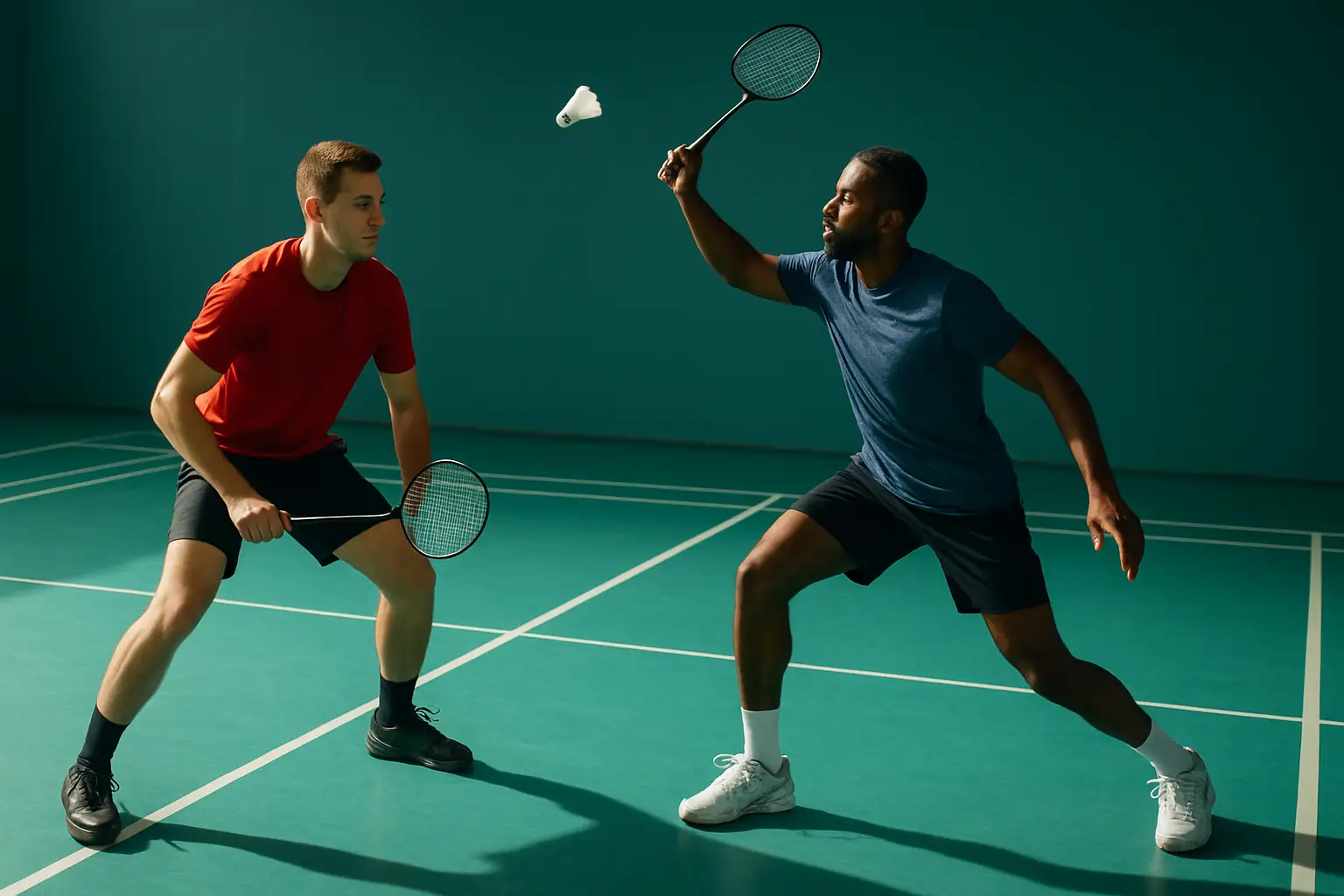 Two badminton players practicing on an indoor court under bright stadium lights