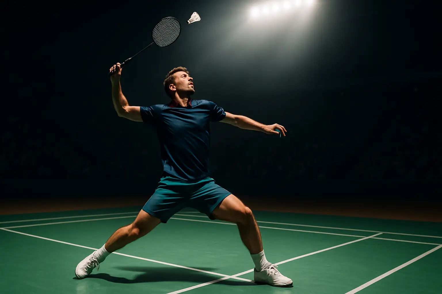 A badminton player mid-smash on a floodlit indoor court during a major tournament