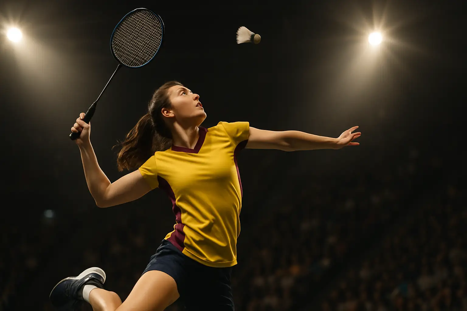 A badminton player mid-smash during an indoor team competition match