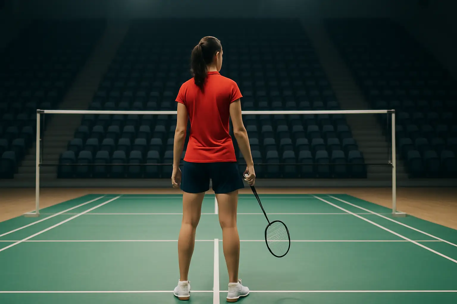 A female badminton player standing on an indoor court, racket in hand, looking focused before a match