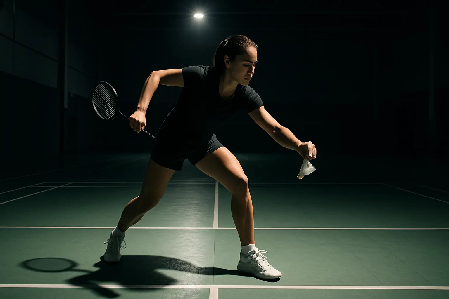Malaysian badminton player preparing to serve in a competitive indoor arena