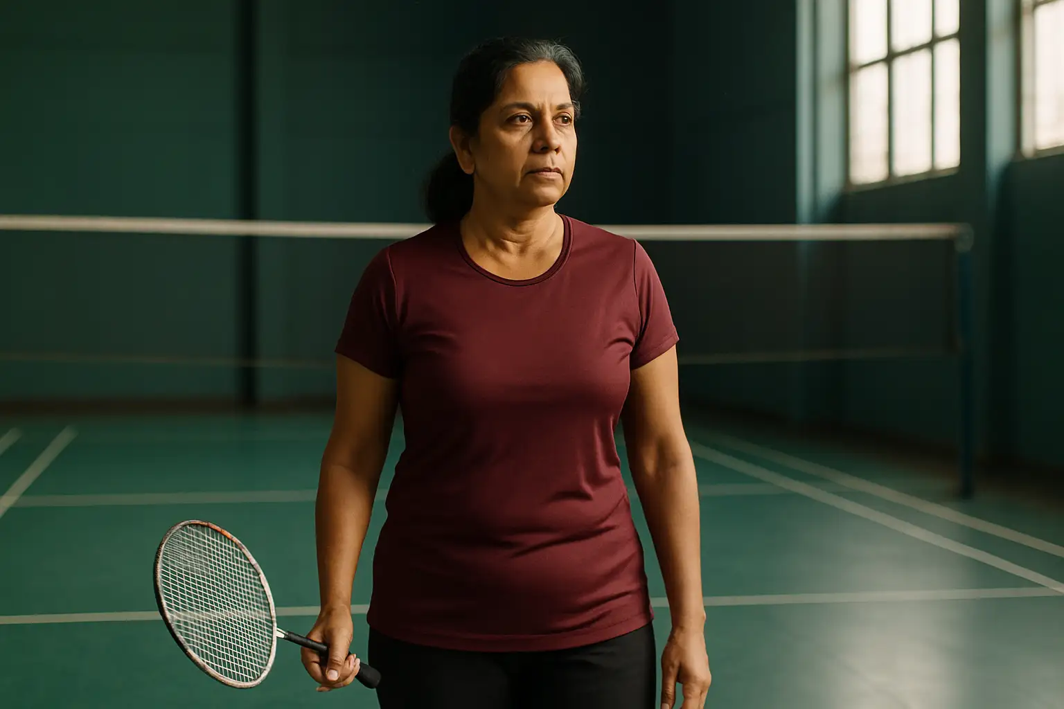 A woman in athletic wear holding a badminton racket on an indoor court, ready to play