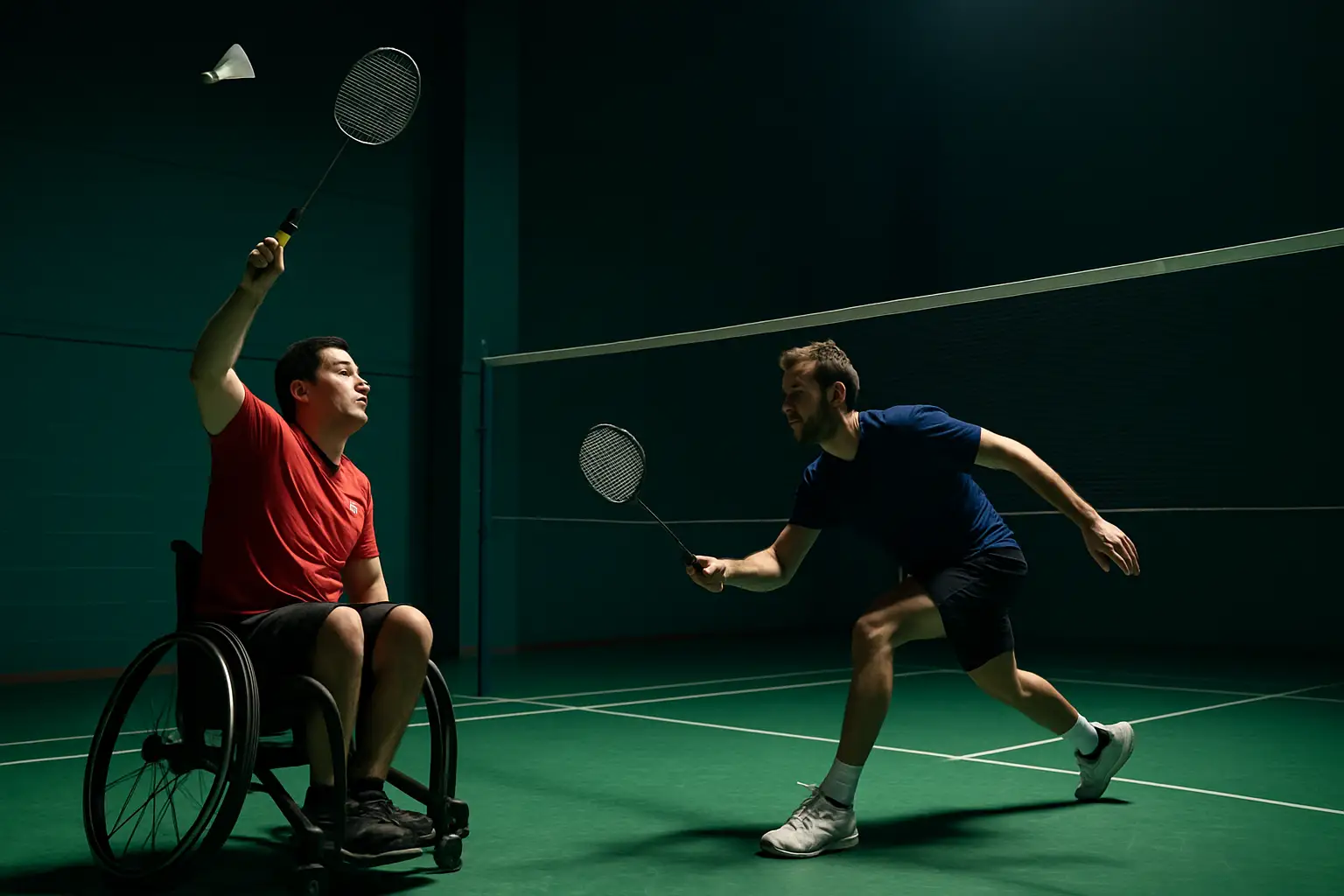 Two para badminton players on an indoor court, one in a wheelchair, mid-rally under bright stadium lights