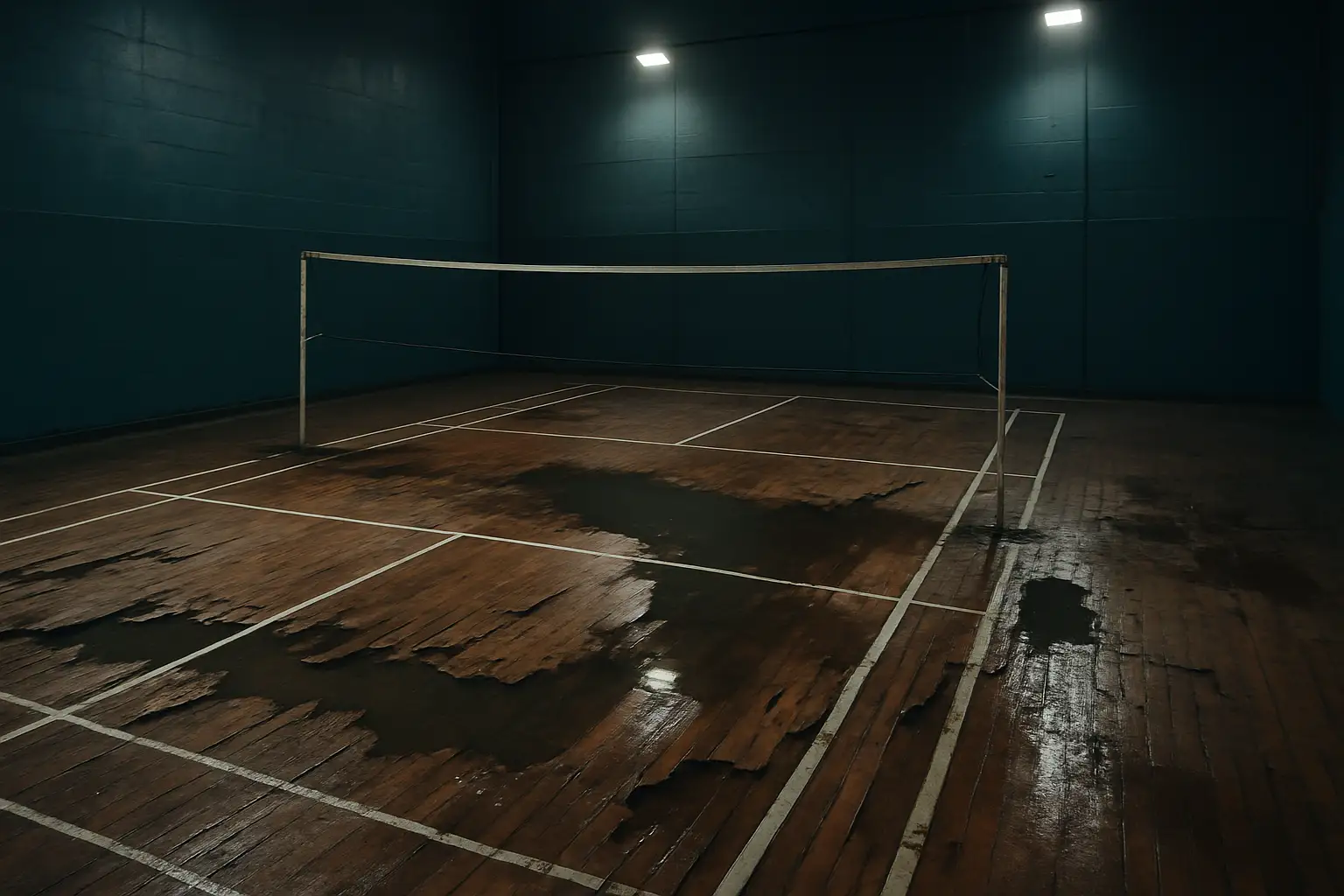 Damaged indoor badminton court with wet flooring and visible water damage on the surface