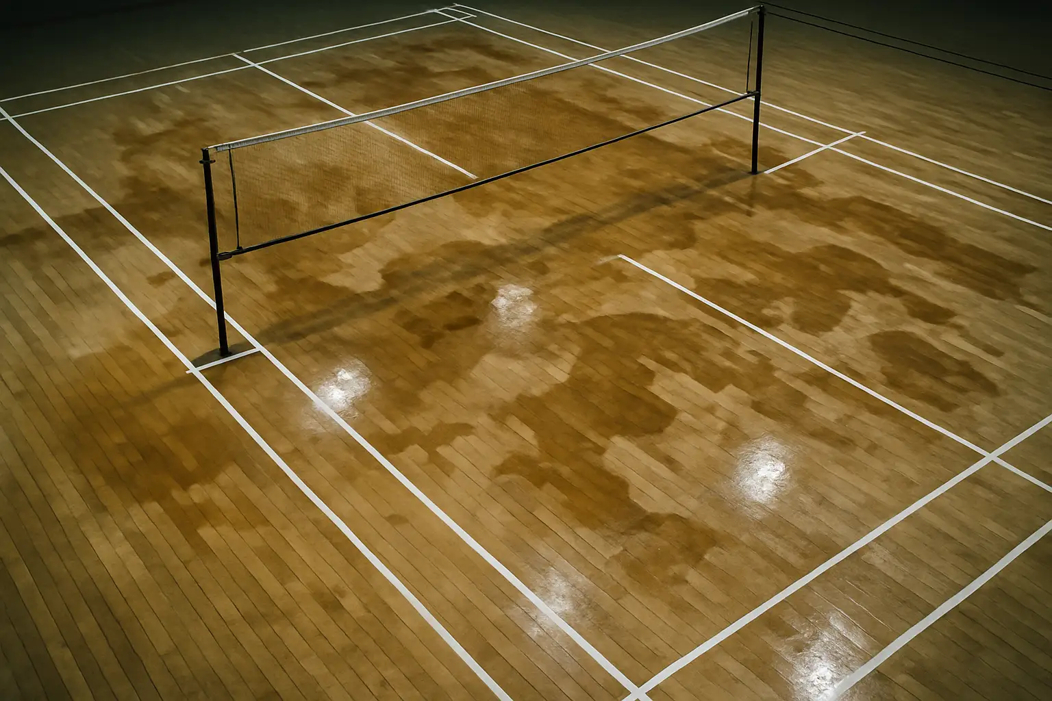 Damaged indoor badminton court with water stains and warped flooring under harsh overhead lighting