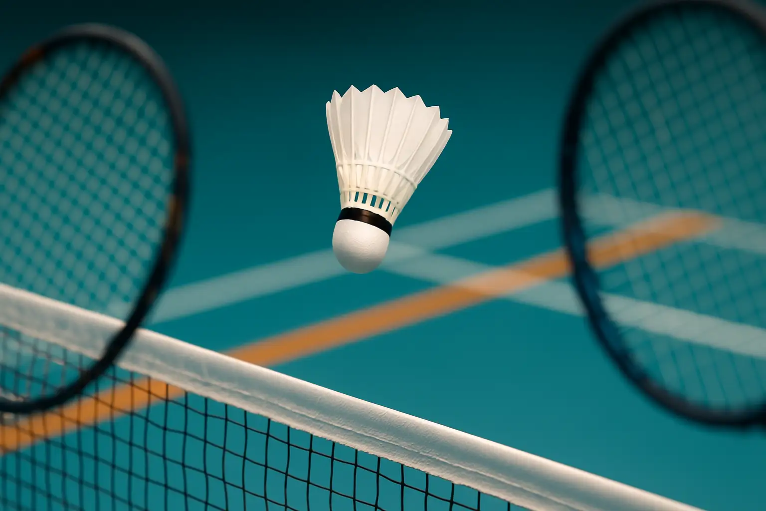 Badminton shuttlecock and racket on an indoor court with bright overhead lighting