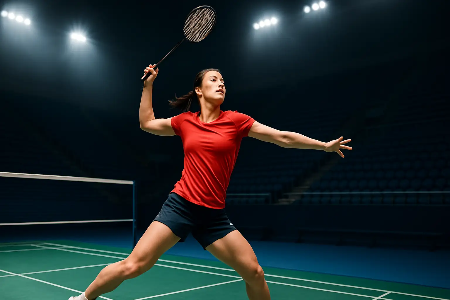A female badminton player in action on an indoor court, mid-swing with a racket during a competitive match