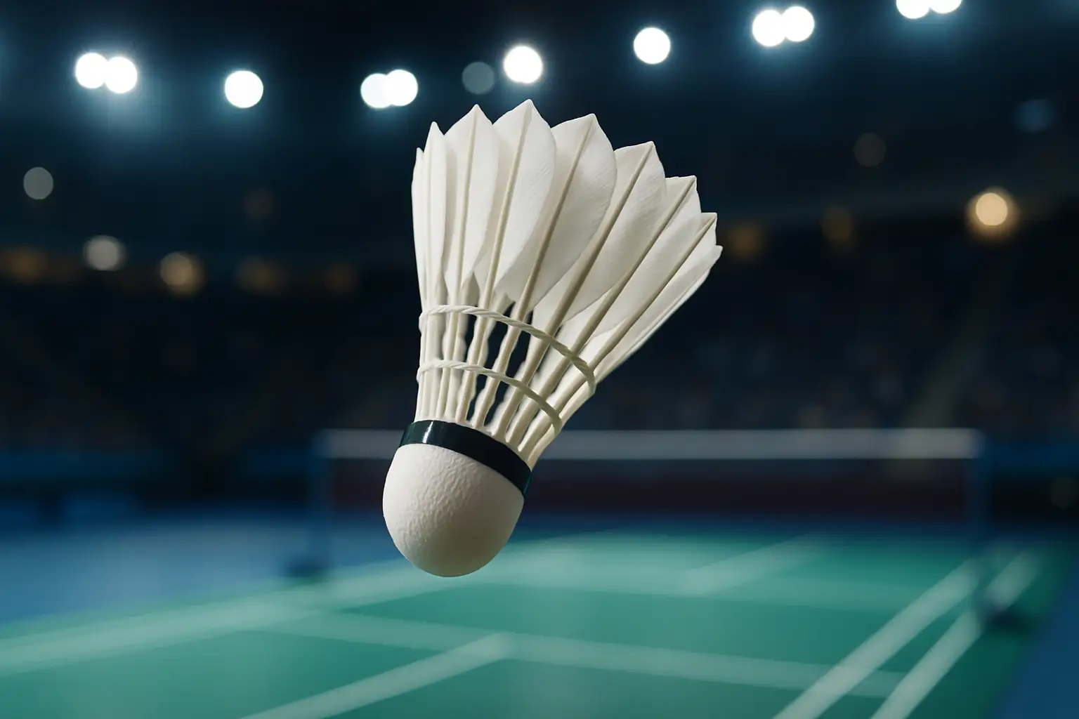 Badminton shuttlecock in mid-air above a court with stadium lights illuminating the scene